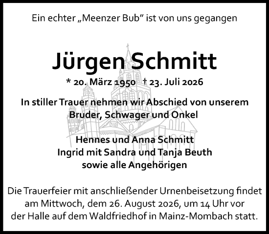 Traueranzeige von Jürgen Schmitt von Allgemeine Zeitung Mainz