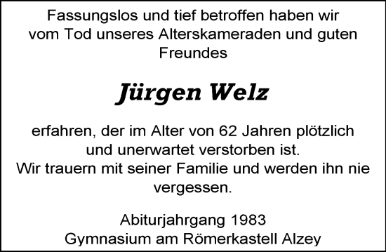 Traueranzeige von Jürgen Welz von Allgemeine Zeitung Alzey