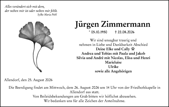 Traueranzeige von Jürgen Zimmermann von Dill Block