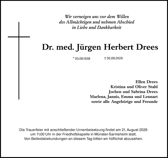 Traueranzeige von Jürgen Herbert Drees von Allgemeine Zeitung Rheinhessen-Nahe