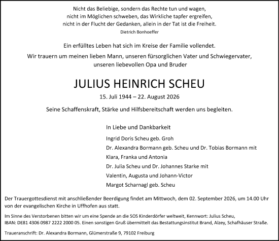 Traueranzeige von Julius Heinrich Scheu von Allgemeine Zeitung Alzey