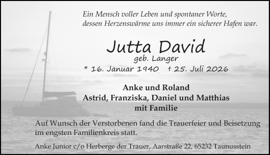 Traueranzeige von Jutta David von Idsteiner Land/Untertaunus