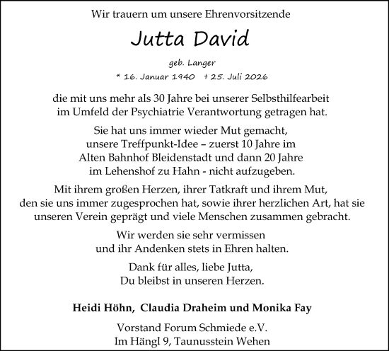Traueranzeige von Jutta David von Idsteiner Land/Untertaunus