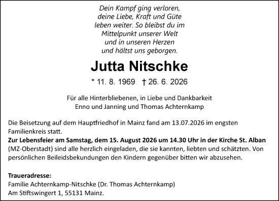 Traueranzeige von Jutta Nitschke von Allgemeine Zeitung Mainz