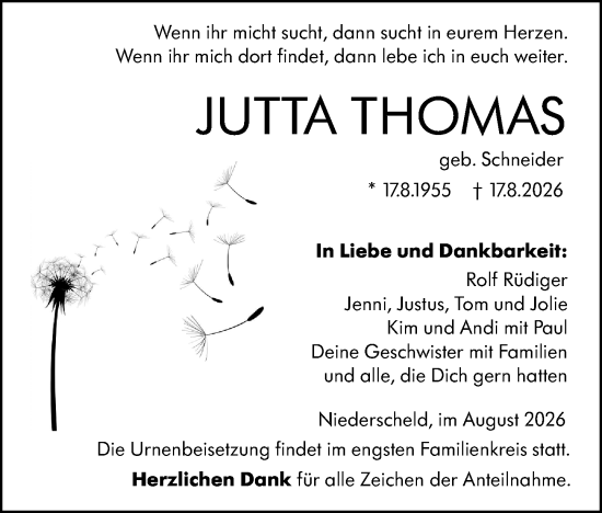 Traueranzeige von Jutta Thomas von Dill Block