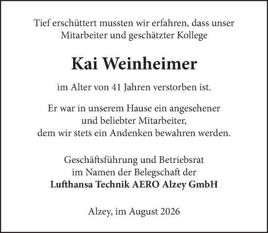 Traueranzeige von Kai Weinheimer von Allgemeine Zeitung Alzey