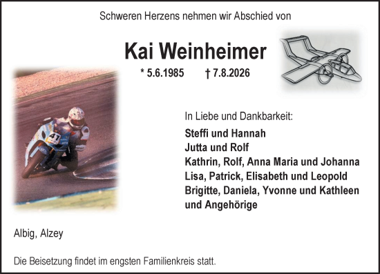 Traueranzeige von Kai Weinheimer von Allgemeine Zeitung Alzey
