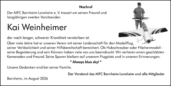 Traueranzeige von Kai Weinheimer von Allgemeine Zeitung Alzey