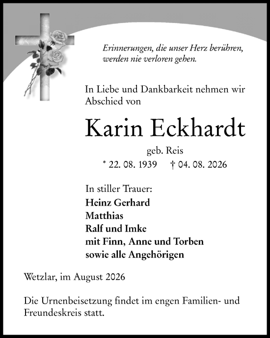 Traueranzeige von Karin Eckhardt von Wetzlarer Neue Zeitung