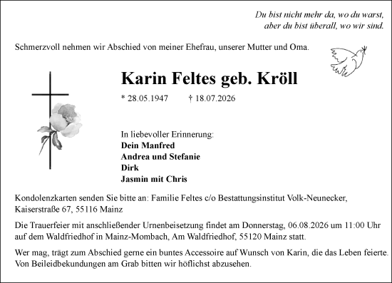 Traueranzeige von Karin Feltes von Allgemeine Zeitung Mainz