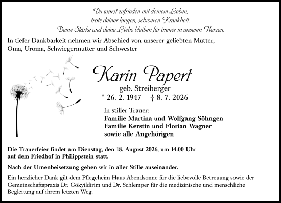 Traueranzeige von Karin Papert von Wetzlarer Neue Zeitung
