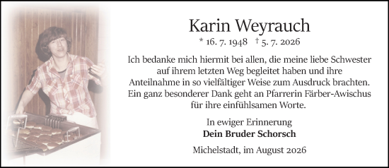 Traueranzeige von Karin Weyrauch von Odenwälder Echo