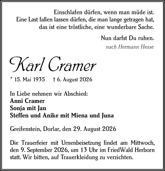 Traueranzeige von Karl Cramer von Wetzlarer Neue Zeitung