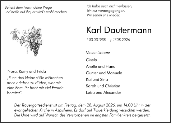 Traueranzeige von Karl Dautermann von Allgemeine Zeitung Rheinhessen-Nahe