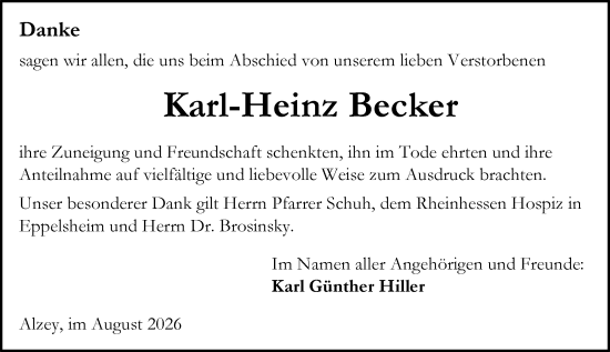 Traueranzeige von Karl-Heinz Becker von Allgemeine Zeitung Alzey