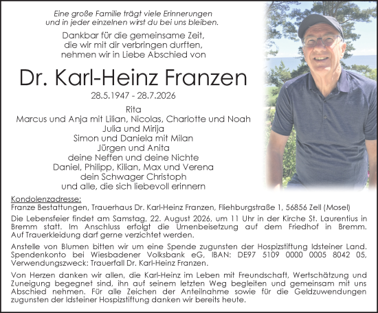 Traueranzeige von Karl-Heinz Franzen von Idsteiner Land/Untertaunus