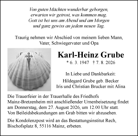 Traueranzeige von Karl-Heinz Grube von Allgemeine Zeitung Mainz