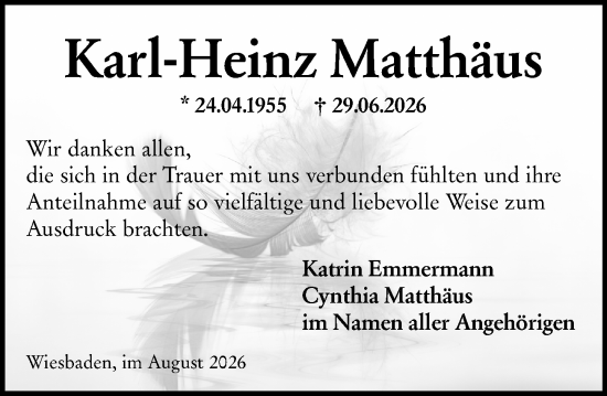 Traueranzeige von Karl-Heinz Matthäus von Wiesbadener Kurier