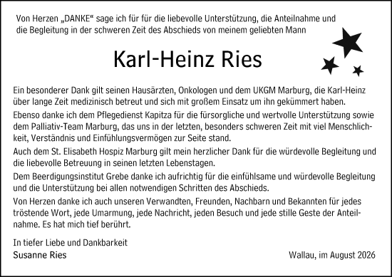 Traueranzeige von Karl-Heinz Ries von Hinterländer Anzeiger