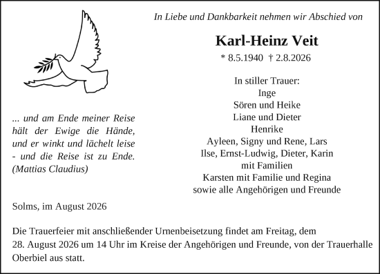 Traueranzeige von Karl-Heinz Veit von Wetzlarer Neue Zeitung