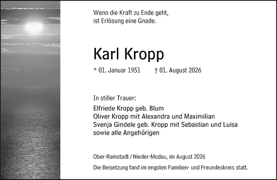 Traueranzeige von Karl Kropp von Darmstädter Echo