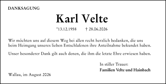 Traueranzeige von Karl Velte von Hinterländer Anzeiger