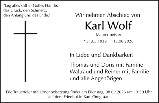 Traueranzeige von Karl Wolf von Odenwälder Echo