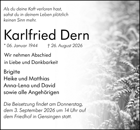 Traueranzeige von Karlfried Dern von Allgemeine Zeitung Rheinhessen-Nahe