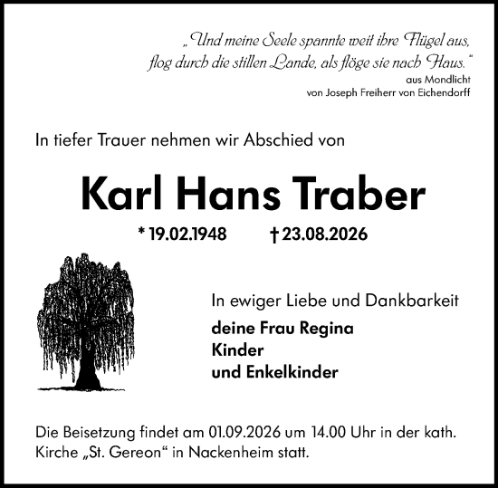 Traueranzeige von Karl Hans Traber von Wiesbadener Kurier