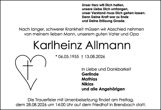 Traueranzeige von Karlheinz Allmann von Odenwälder Echo