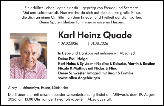 Traueranzeige von Karl Heinz Quade von Allgemeine Zeitung Alzey