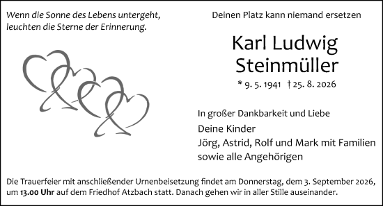 Traueranzeige von Karl Ludwig Steinmüller von Wetzlarer Neue Zeitung