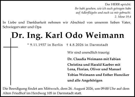 Traueranzeige von Karl Odo Weimann von Darmstädter Echo