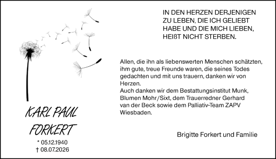 Traueranzeige von Karl Paul Forkert von Hochheimer Zeitung