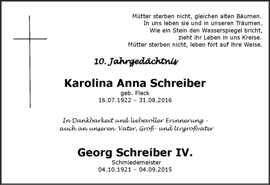 Traueranzeige von Karolina Anna Schreiber von Wormser Zeitung