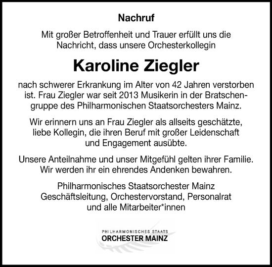 Traueranzeige von Karoline Ziegler von Allgemeine Zeitung Mainz