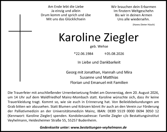 Traueranzeige von Karoline Ziegler von Allgemeine Zeitung Mainz