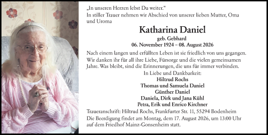 Traueranzeige von Katharina Daniel von Allgemeine Zeitung Mainz