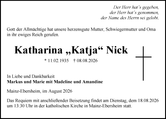 Traueranzeige von Katharina Nick von Allgemeine Zeitung Mainz