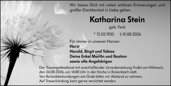 Traueranzeige von Katharina Stein von Darmstädter Echo