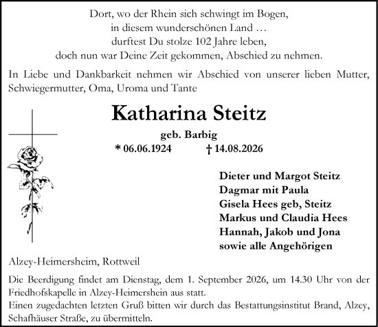 Traueranzeige von Katharina Steitz von Allgemeine Zeitung Alzey