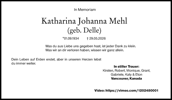 Traueranzeige von Katharina Johanna Mehl von Allgemeine Zeitung Mainz