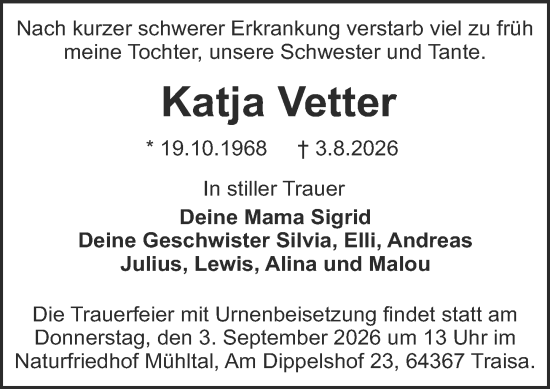 Traueranzeige von Katja Vetter von Darmstädter Echo