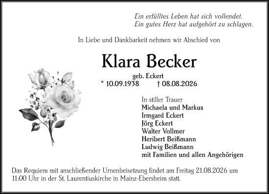Traueranzeige von Klara Becker von Allgemeine Zeitung Mainz