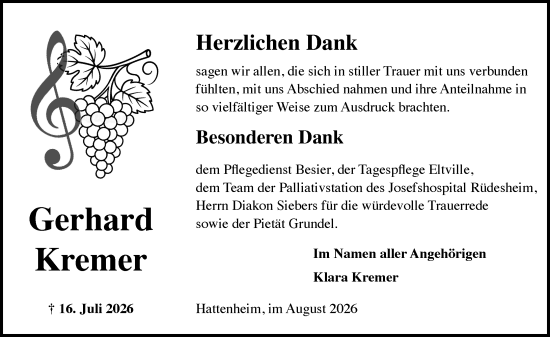 Traueranzeige von Klara Kremer von Rheingau Kurier