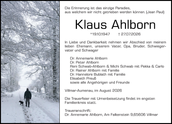 Traueranzeige von Klaus Ahlborn von Weilburger Tageblatt