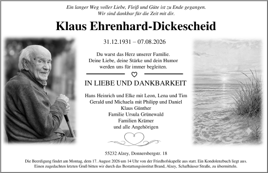 Traueranzeige von Klaus Ehrenhard-Dickescheid von Allgemeine Zeitung Alzey