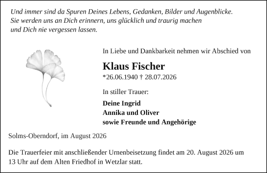 Traueranzeige von Klaus Fischer von Wetzlarer Neue Zeitung