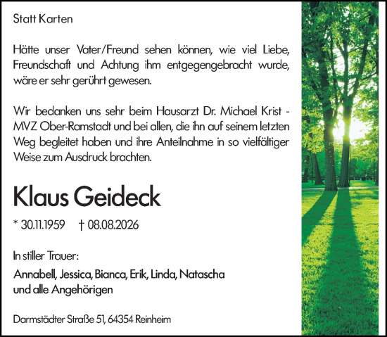 Traueranzeige von Klaus Geideck von Darmstädter Echo
