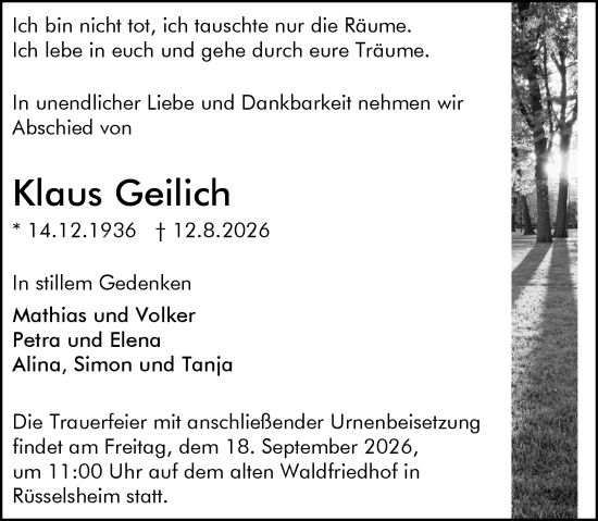 Traueranzeige von Klaus Geilich von Rüsselsheimer Echo